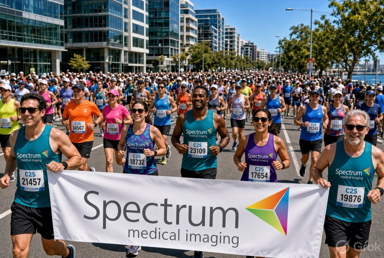 AI-generated image by Grok: runners in Spectrum Medical Imaging singlets carrying a Spectrum banner through the City2Surf crowd