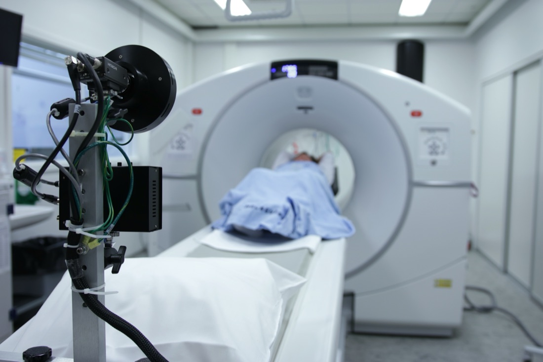 A patient positioned for breast MRI